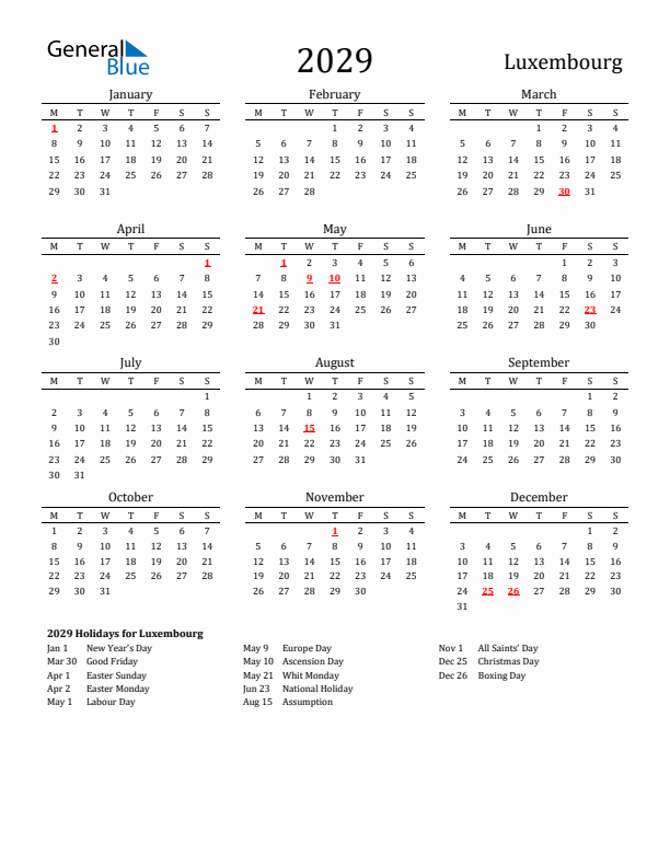 Luxembourg Holidays Calendar for 2029