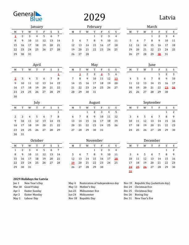 Latvia Holidays Calendar for 2029