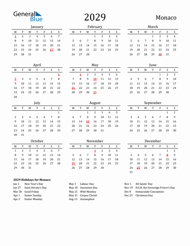 Monaco Holidays Calendar for 2029