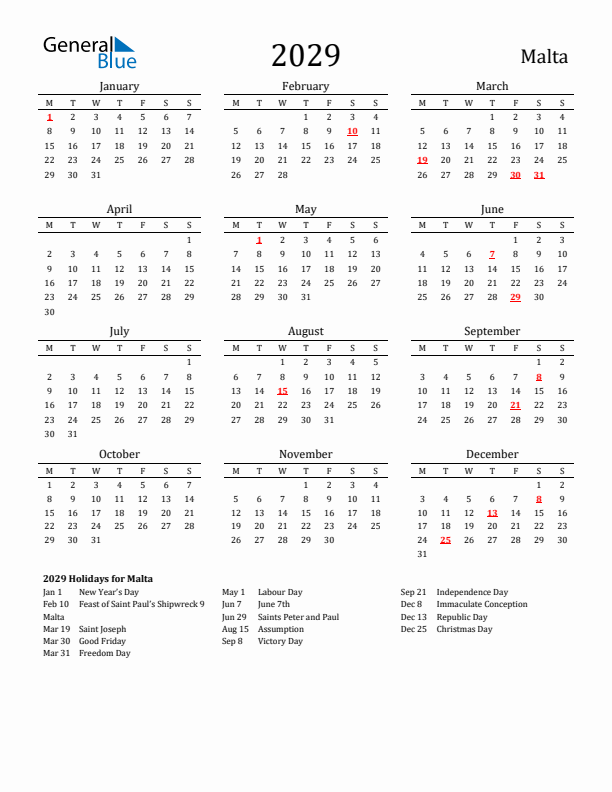 Malta Holidays Calendar for 2029