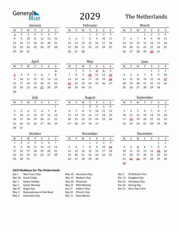 The Netherlands Holidays Calendar for 2029