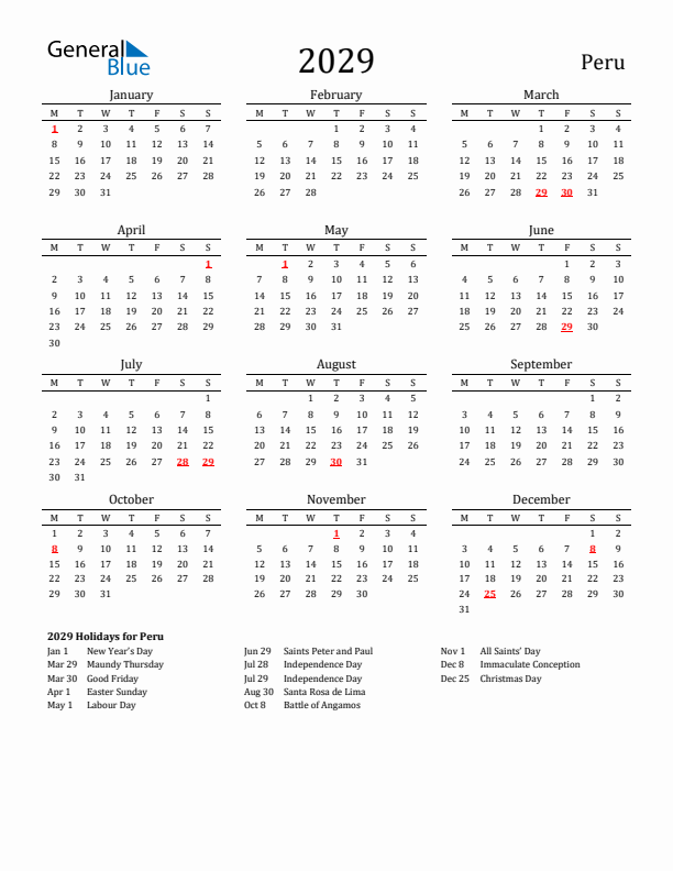 Peru Holidays Calendar for 2029