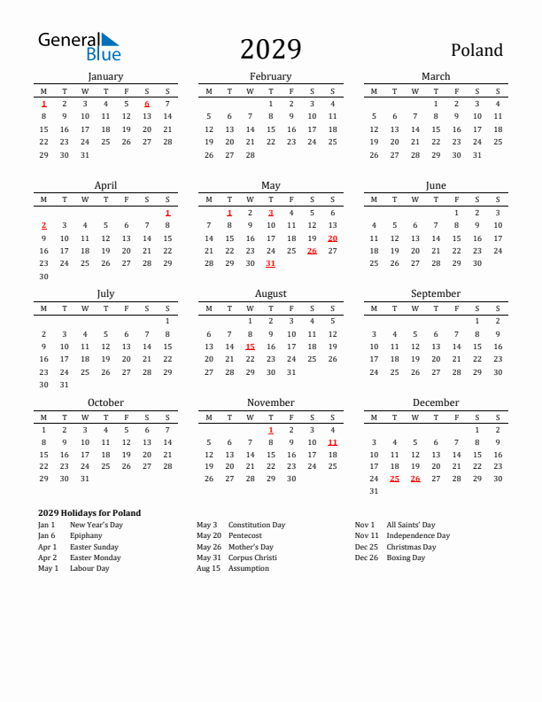 Poland Holidays Calendar for 2029