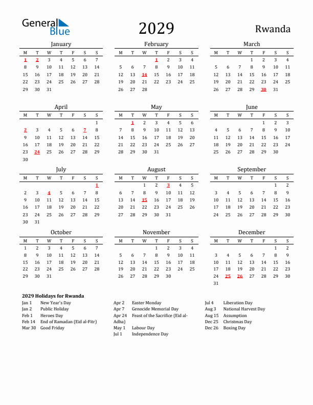 Rwanda Holidays Calendar for 2029