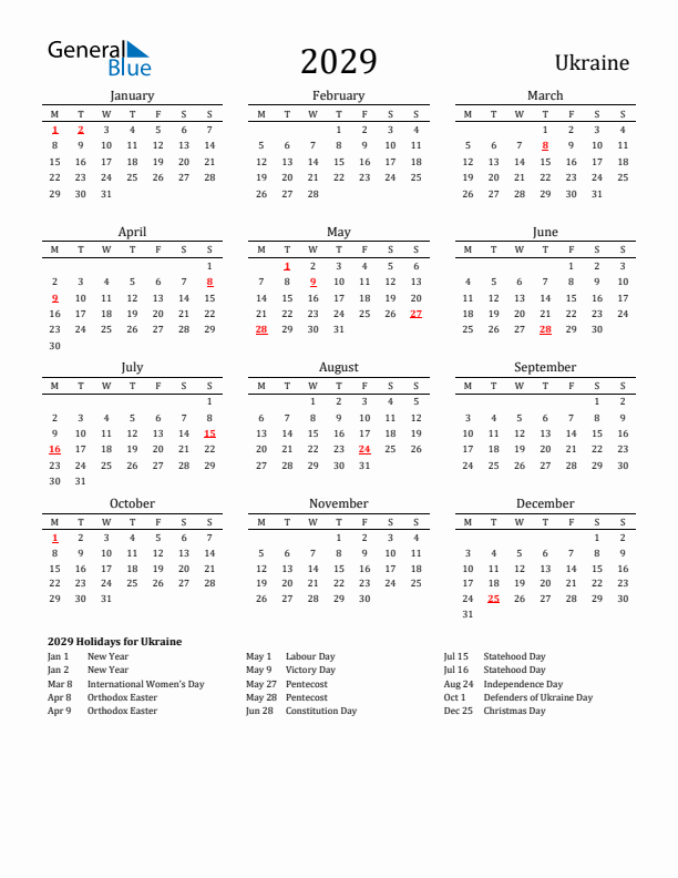 Ukraine Holidays Calendar for 2029