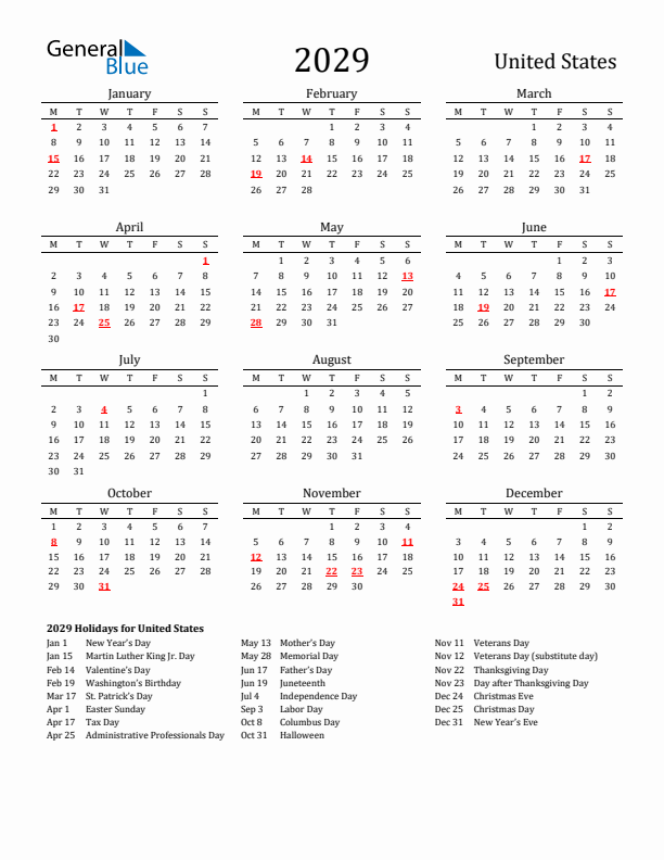 United States Holidays Calendar for 2029