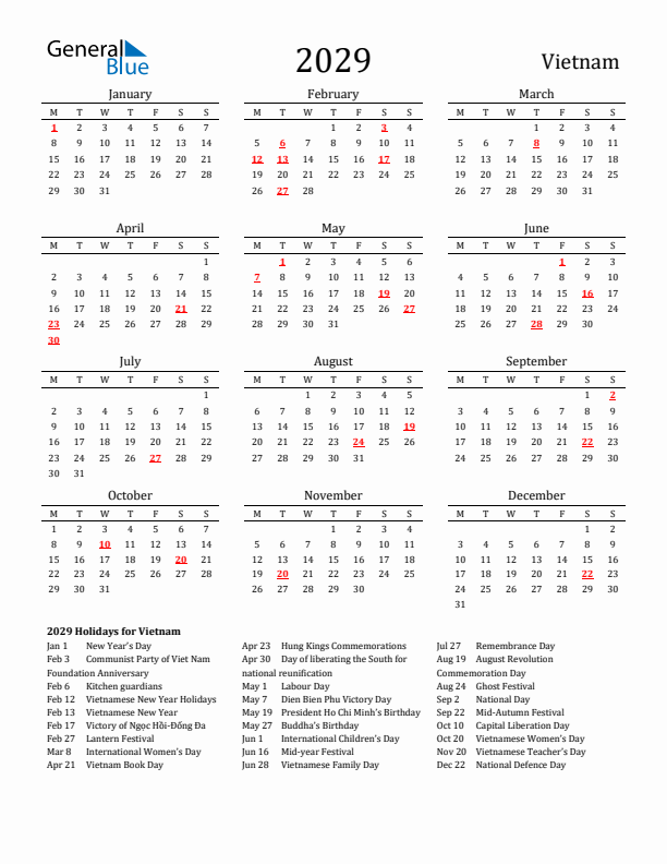 Vietnam Holidays Calendar for 2029