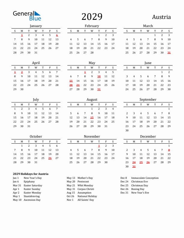 Austria Holidays Calendar for 2029