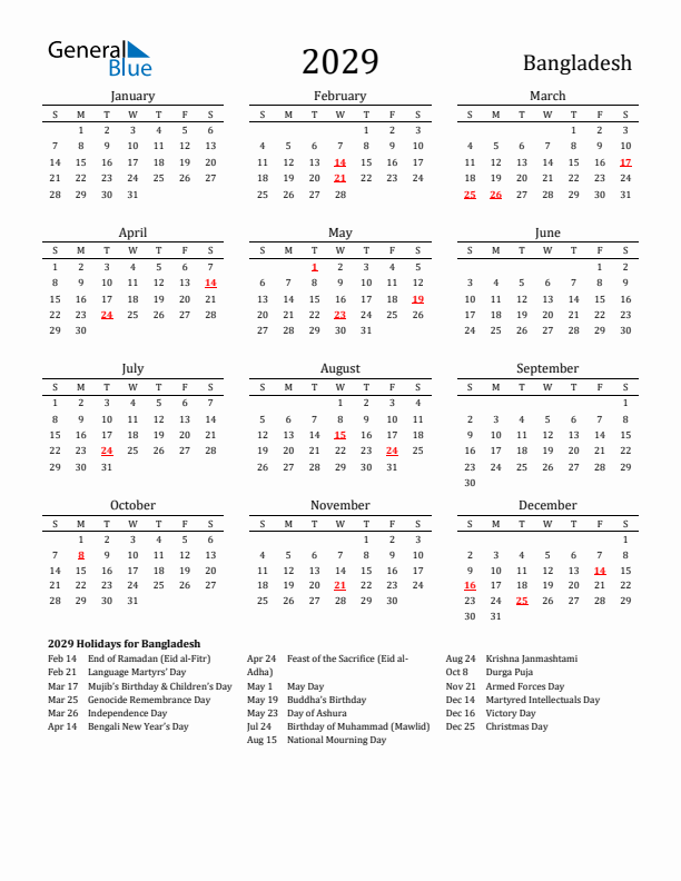 Bangladesh Holidays Calendar for 2029