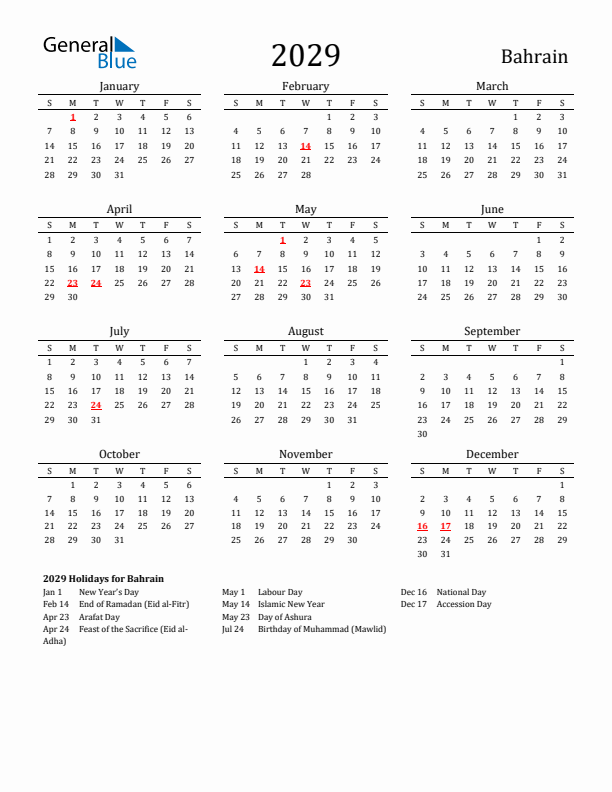 Bahrain Holidays Calendar for 2029