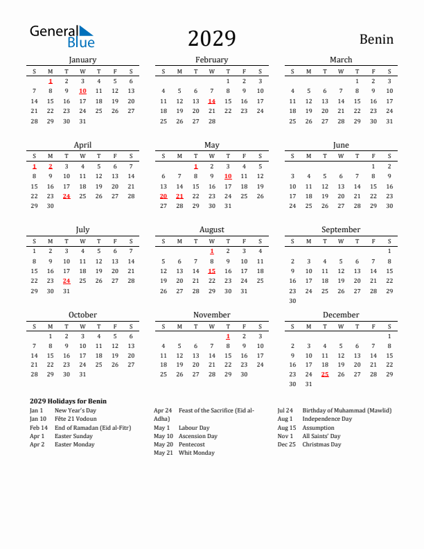 Benin Holidays Calendar for 2029