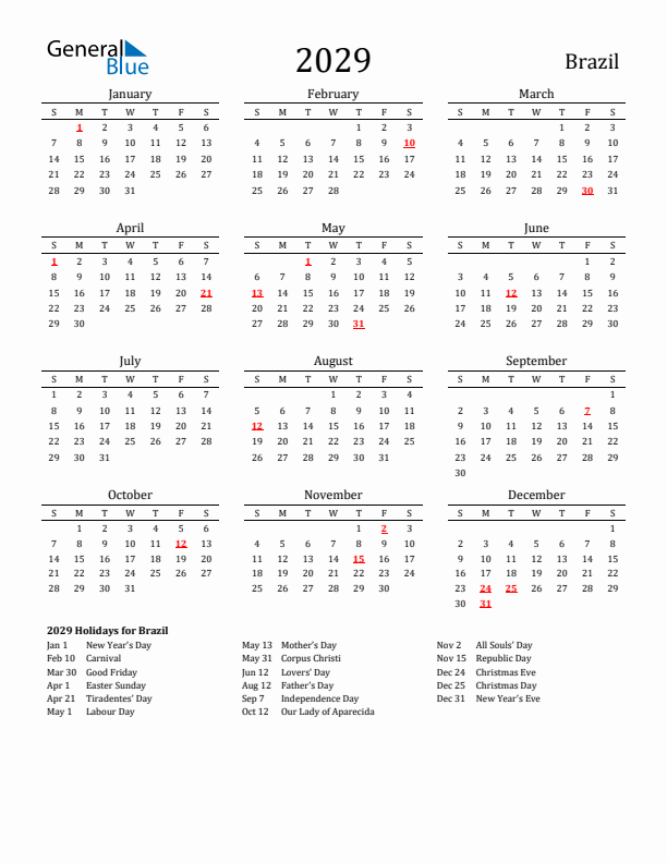 Brazil Holidays Calendar for 2029