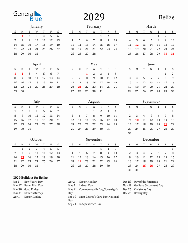 Belize Holidays Calendar for 2029