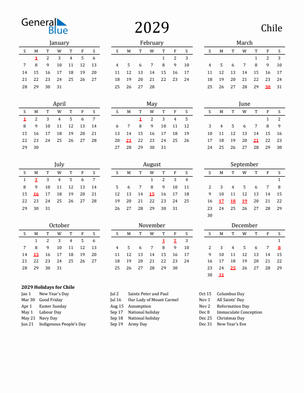 Chile Holidays Calendar for 2029