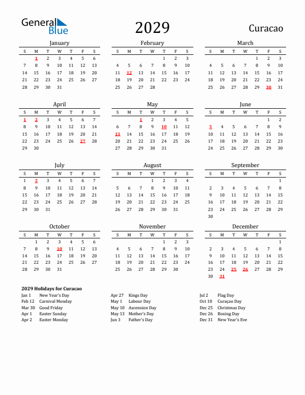 Curacao Holidays Calendar for 2029