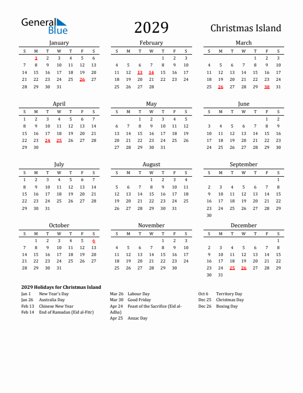 Christmas Island Holidays Calendar for 2029