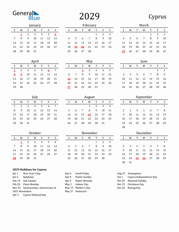 Cyprus Holidays Calendar for 2029