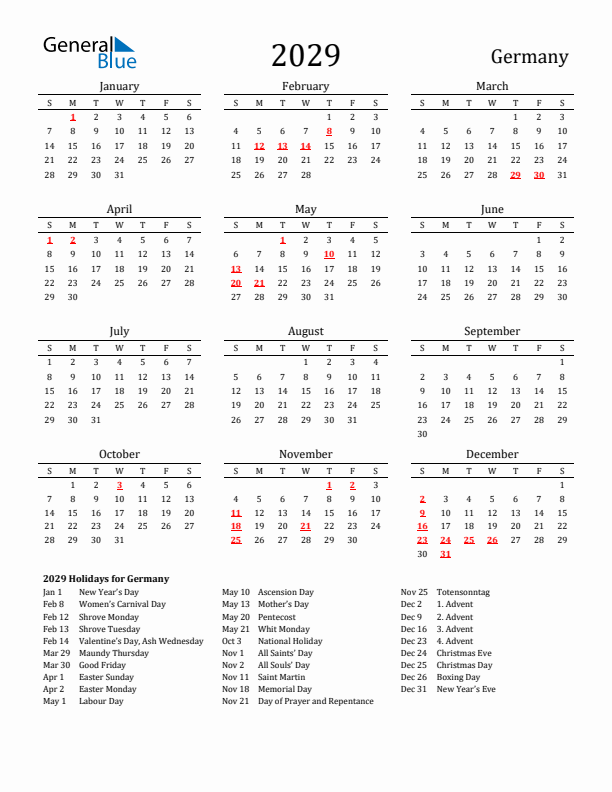 Germany Holidays Calendar for 2029