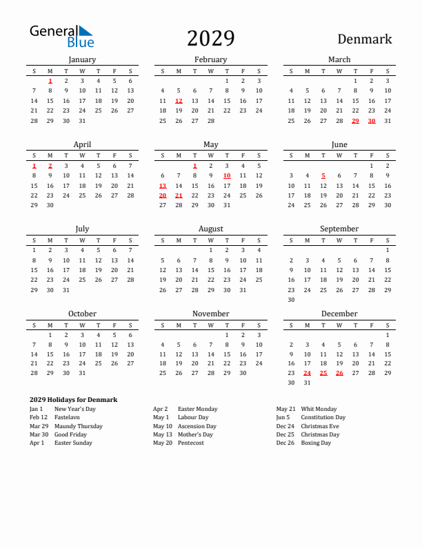 Denmark Holidays Calendar for 2029