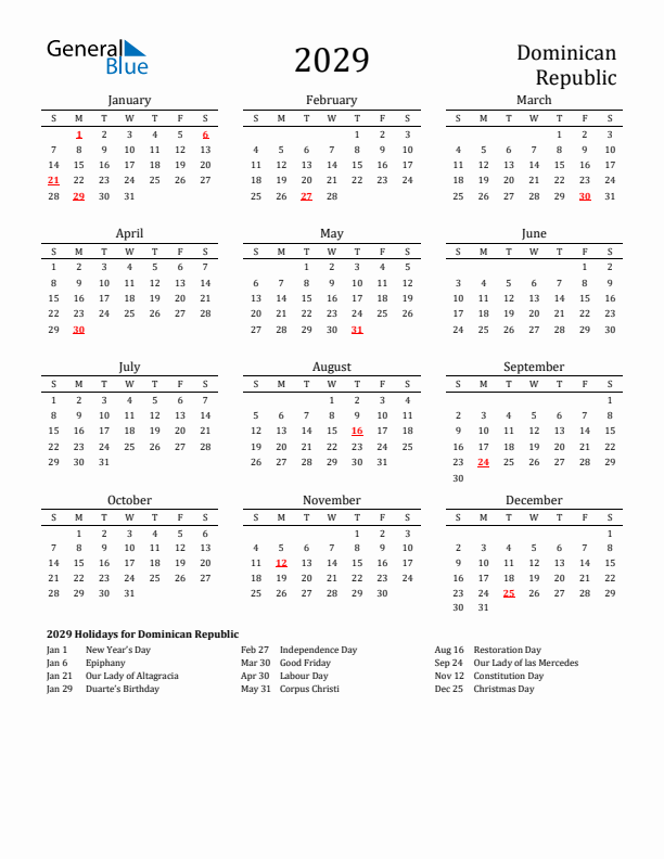 Dominican Republic Holidays Calendar for 2029