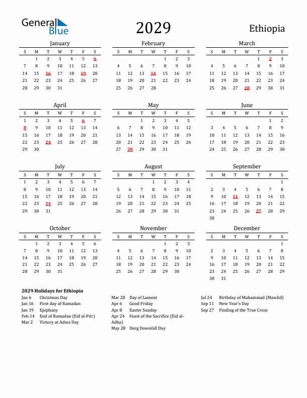 Ethiopia Holidays Calendar for 2029