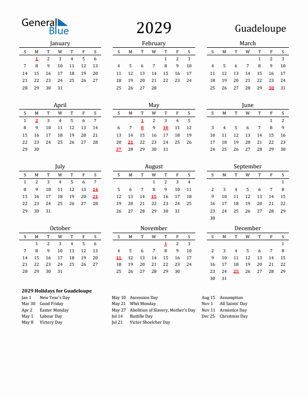 Guadeloupe Holidays Calendar for 2029