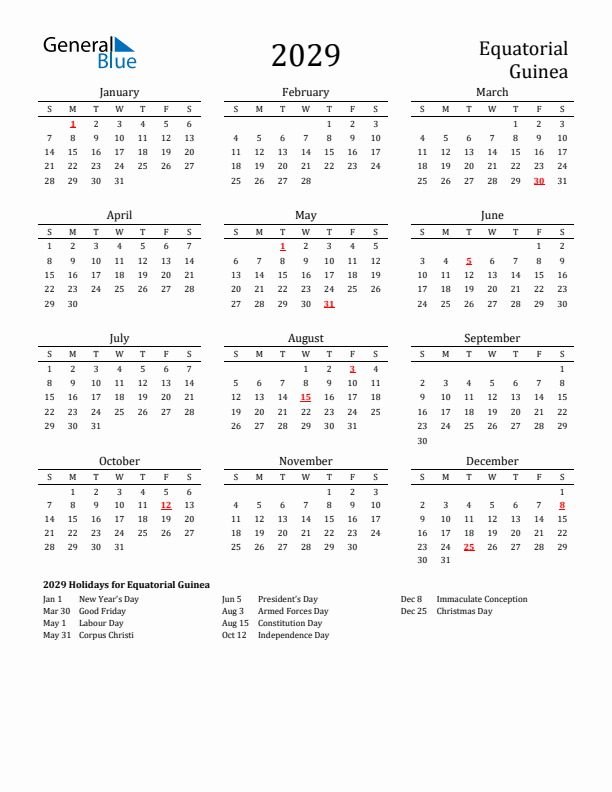 Equatorial Guinea Holidays Calendar for 2029