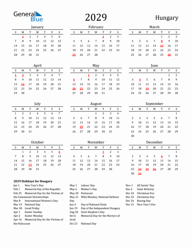 Hungary Holidays Calendar for 2029