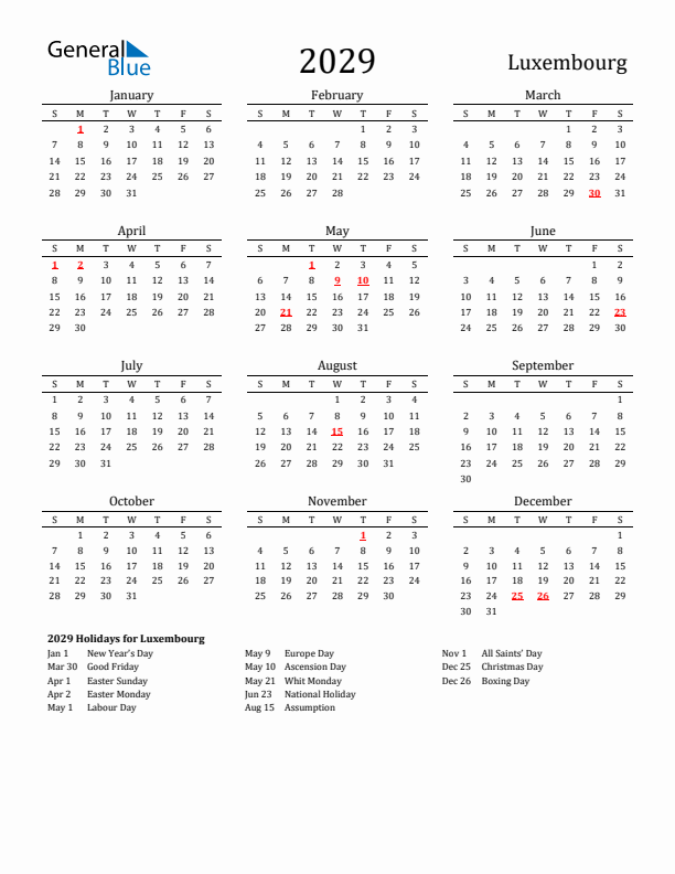 Luxembourg Holidays Calendar for 2029