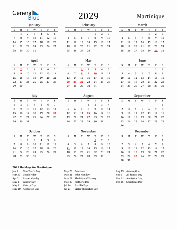 Martinique Holidays Calendar for 2029