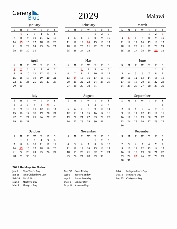 Malawi Holidays Calendar for 2029