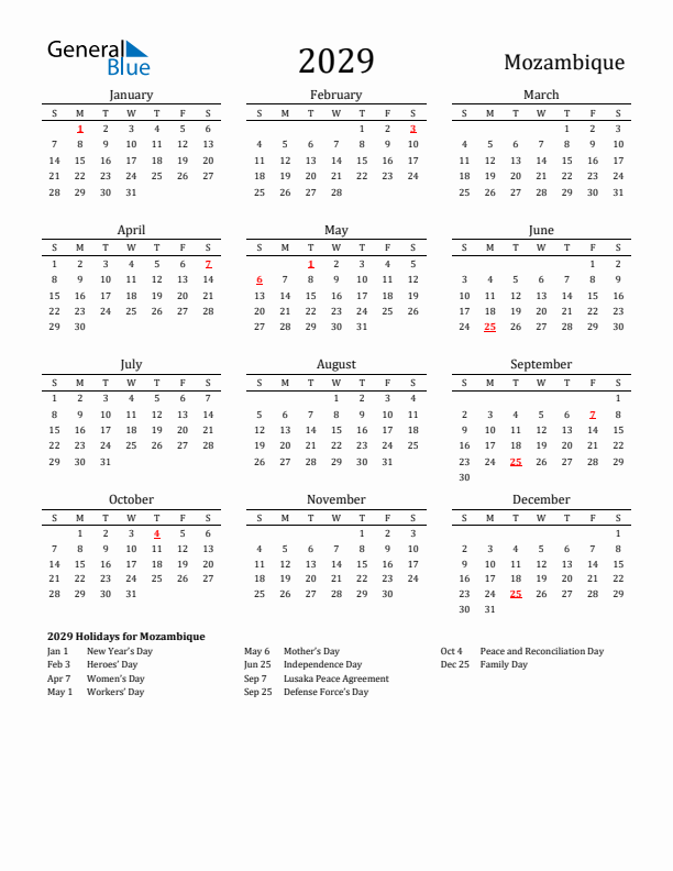 Mozambique Holidays Calendar for 2029