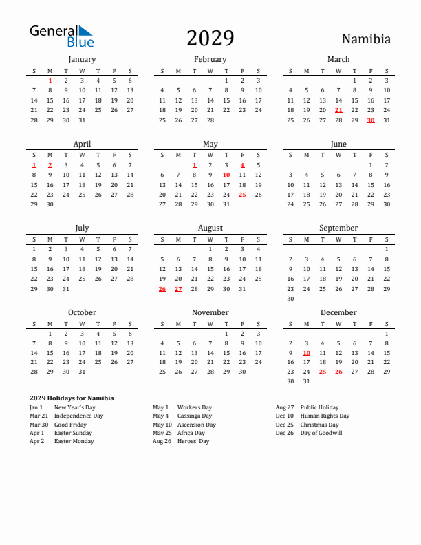 Namibia Holidays Calendar for 2029