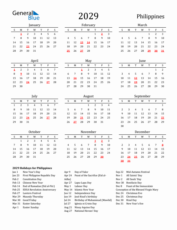 Philippines Holidays Calendar for 2029