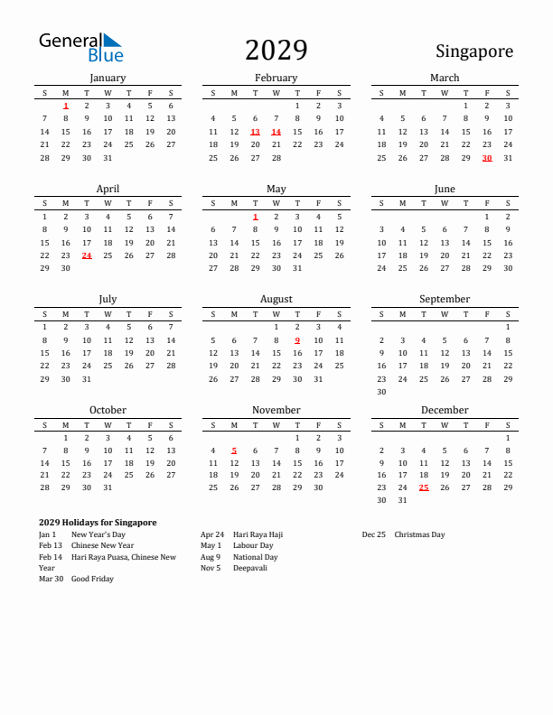 Singapore Holidays Calendar for 2029