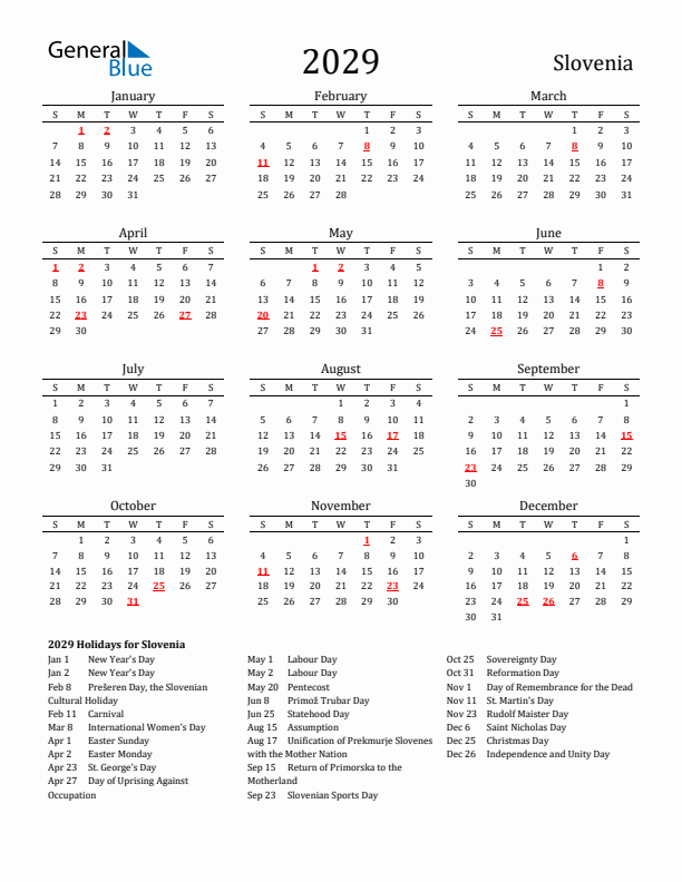 Slovenia Holidays Calendar for 2029