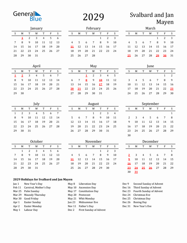 Svalbard and Jan Mayen Holidays Calendar for 2029