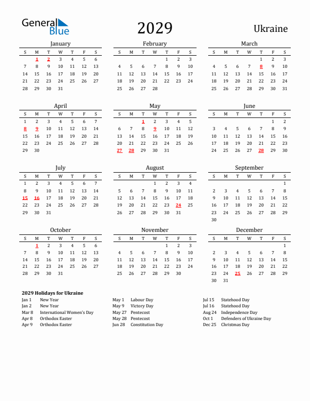 Ukraine Holidays Calendar for 2029