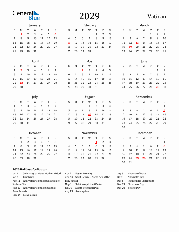 Vatican Holidays Calendar for 2029