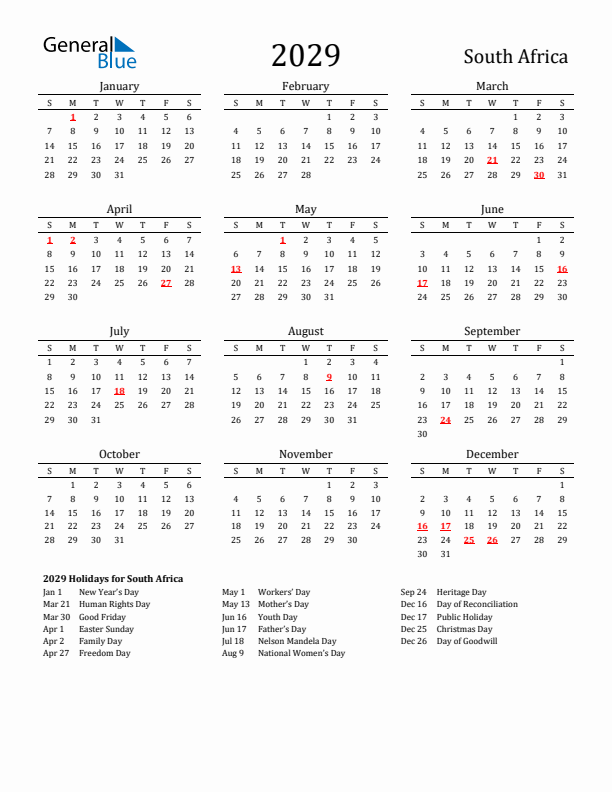 South Africa Holidays Calendar for 2029