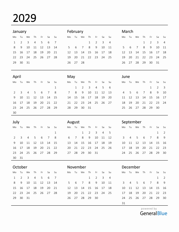 Printable Calendar for 2029