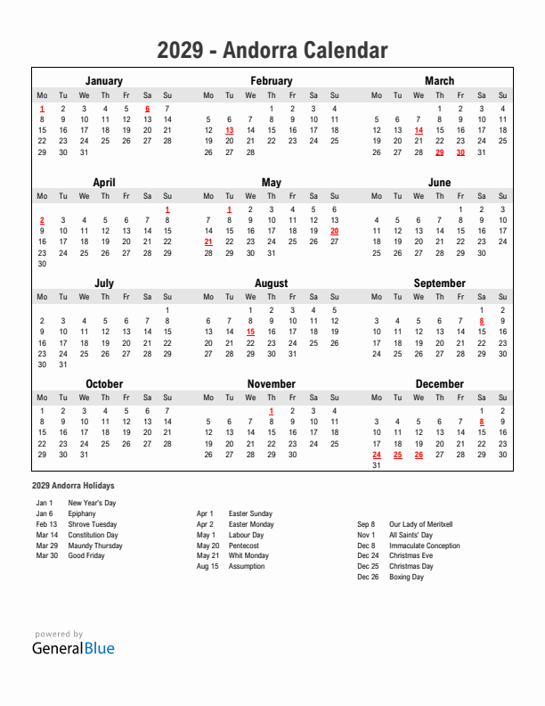 Year 2029 Simple Calendar With Holidays in Andorra