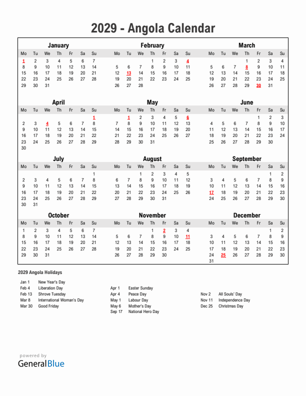 Year 2029 Simple Calendar With Holidays in Angola