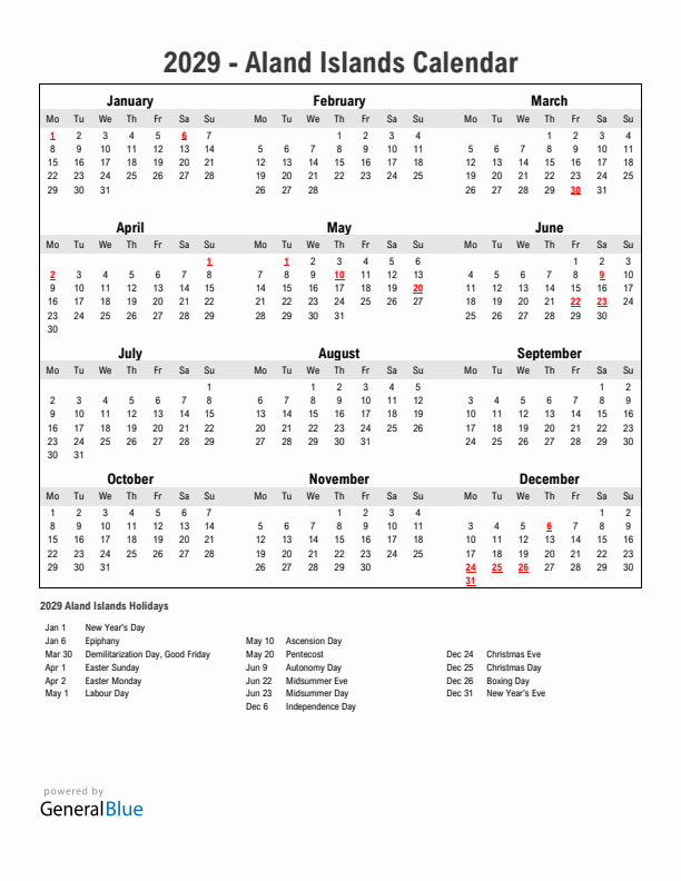 Year 2029 Simple Calendar With Holidays in Aland Islands