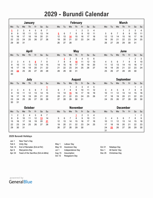 Year 2029 Simple Calendar With Holidays in Burundi