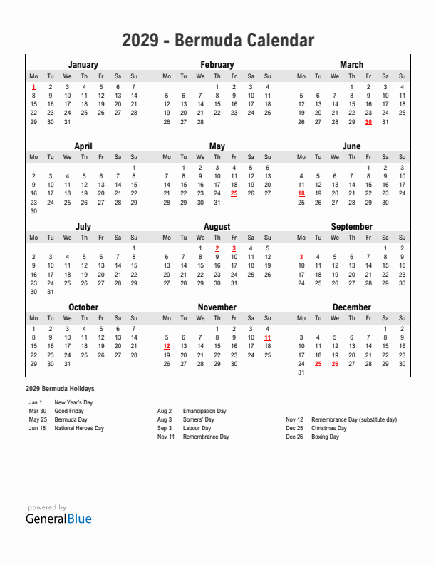 Year 2029 Simple Calendar With Holidays in Bermuda