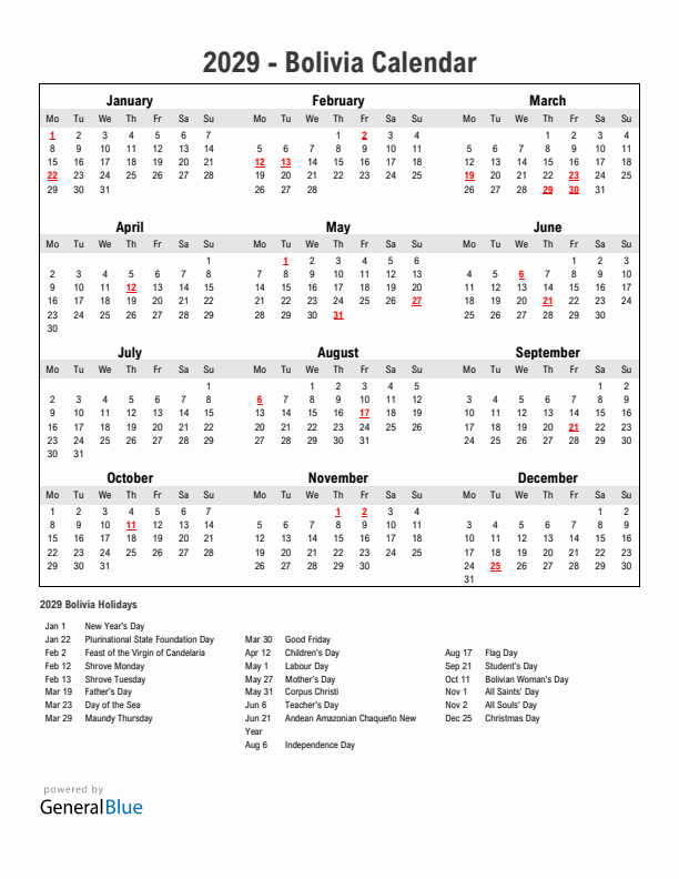 Year 2029 Simple Calendar With Holidays in Bolivia