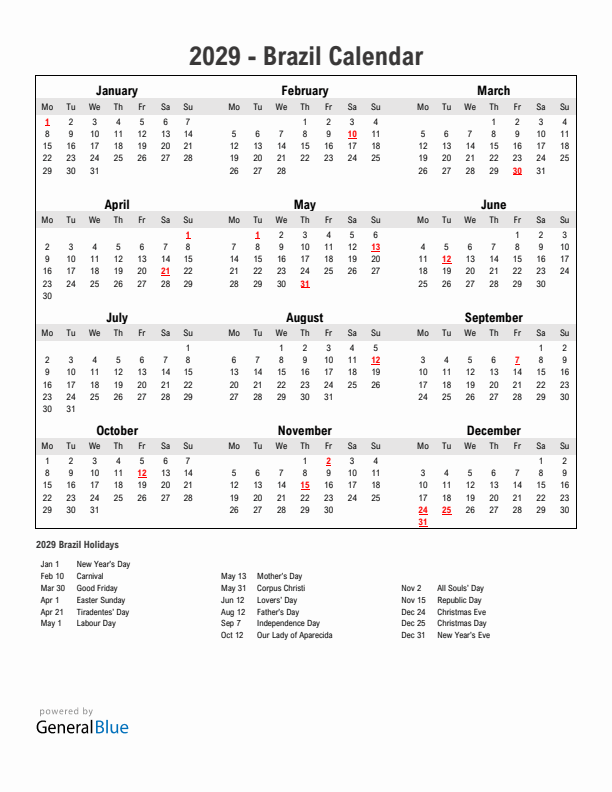 Year 2029 Simple Calendar With Holidays in Brazil