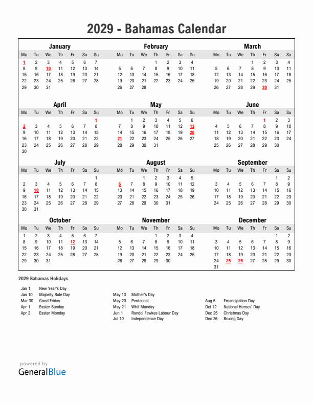 Year 2029 Simple Calendar With Holidays in Bahamas