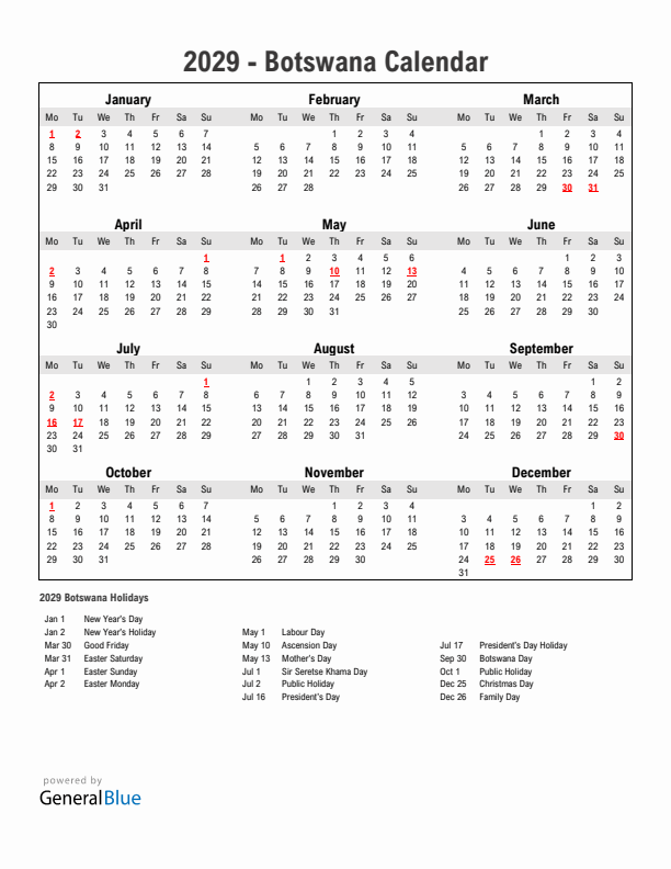 Year 2029 Simple Calendar With Holidays in Botswana